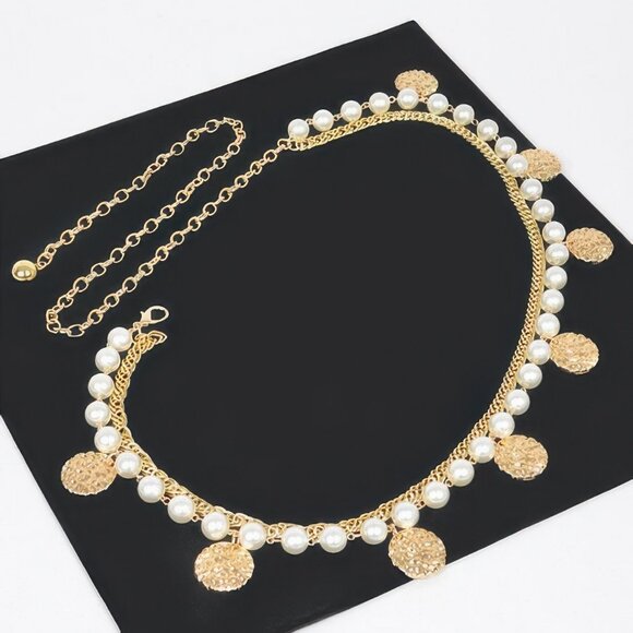 Faux Pearl Round Metal Chain Belt - Picture 2 of 4